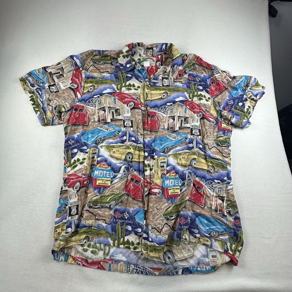 Paradise Found Shirt Mens 2XL Route 66 Corvettes Button Up Camp Shirt Hawaiian